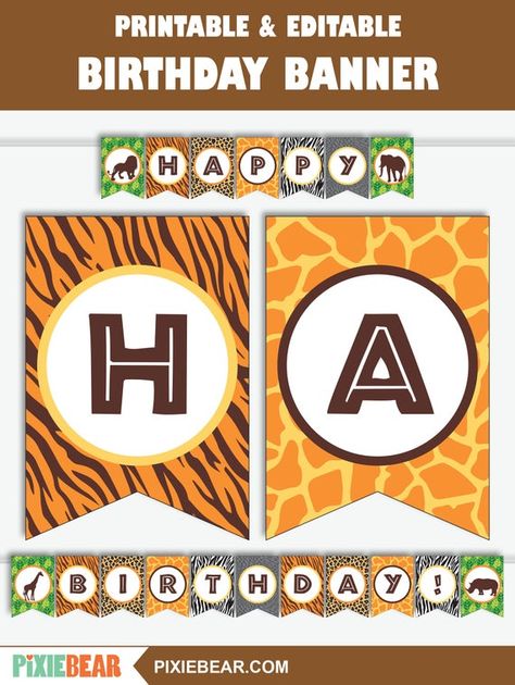 Safari Birthday Banner - Printable Birthday Banner for a Jungle Party, Custom Baby Shower Banner, Safari First Birthday (Instant Download) Safari Banner Printable Free, Safari Birthday Banner, Safari Banner, Safari First Birthday, Printable Banner Template, Safari Party Decorations, Happy Birthday Banner Printable, Happy Birthday Tag, Printable Birthday Banner