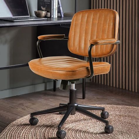 360° Swivel seat is also adjust high, suitable for desks of different heights. The back of brown office chair can lean, and the height can also be adjusted to comfortable position according you. Change back and forth between the bottom back and the middle back, adjust the sitting posture, and better protect your waist and back. Mid Century Modern Desk Chair, Brown Leather Office Chair, Brown Office Chair, Leather Desk Chair, Brown Office, Modern Desk Chair, Mid Century Office, Mid Century Office Chair, Mid Century Modern Desk