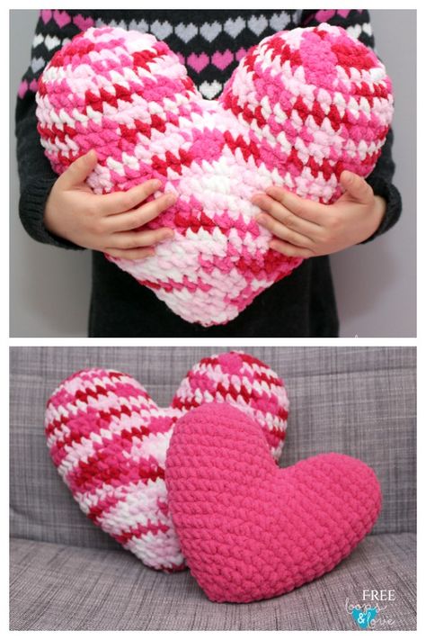 Crochet Heart Shaped Pillow Free Pattern, Crochet Heart Pillow Tutorial, Cushion Design Ideas, Crochet Heart Pillow, Crochet A Heart, Valentines Pillow, Crochet Girl Patterns, Triangle Crochet, Crochet Valentines