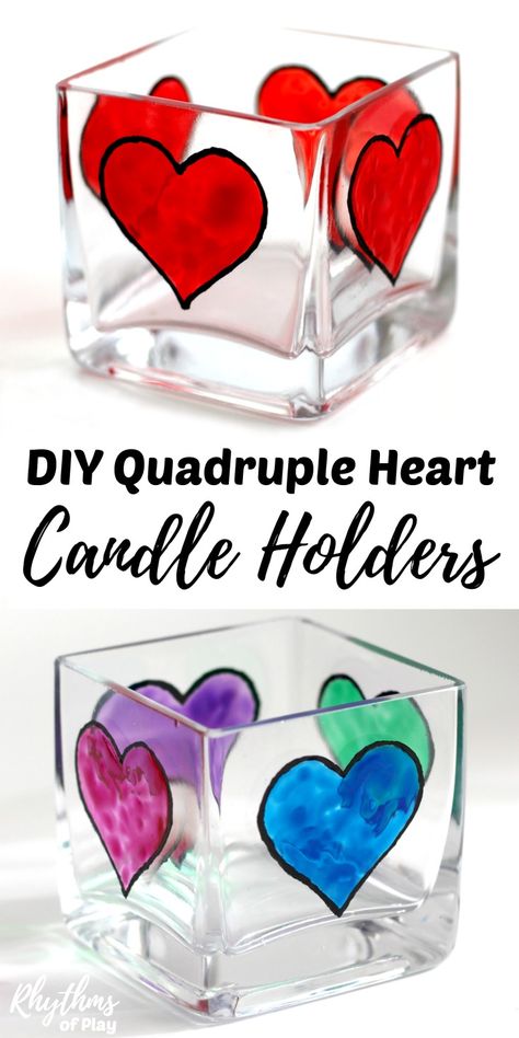 Creating gorgeous stained glass heart decorations with glass paint on square votive candle holders is an easy craft for older kids, teens, and adults. Anyone that can draw or trace can do this easy art project. These DIY quadruple heart square votive candle holders make a beautiful wedding centerpiece or gift idea for Valentine's Day, Mother's day, Father's Day and anniversaries. They can even be personalized! Origami Stella, Easy Crafts For Teens, Heart Candle Holder, Fathers Day Art, Toddler Art Projects, Heart Square, Wood Wall Art Diy, Martha Stewart Crafts, Heart Candle