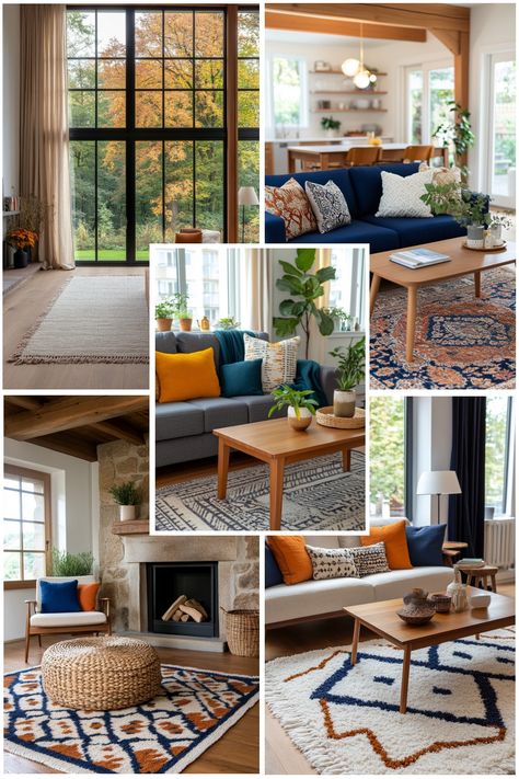 Collage of cozy living spaces with modern furniture, vibrant rugs, and large windows overlooking autumn foliage. Boho Mid Century Modern Living Room, Boho Mid Century Modern, Modern Living Room Ideas, Boho Mid Century, Boho Elements, Dark Academia Decor, Blue Couches, Mid Century Modern Living, Mid Century Modern Living Room