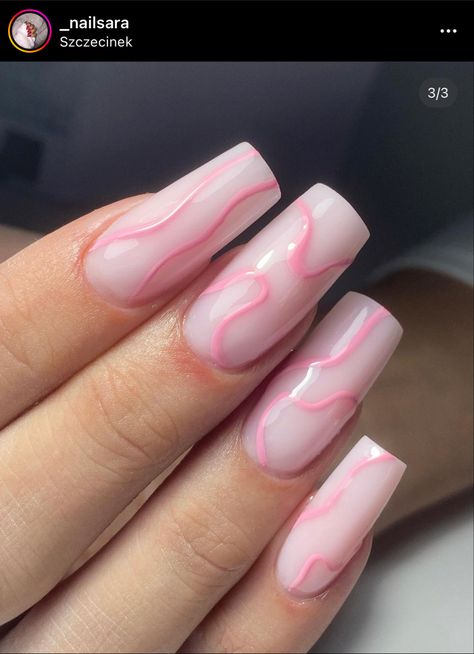 Pink Nails With Lines, Pink Lines Nails, Pink Nails With Swirls, Nails With Squiggly Lines, Squiggly Line Nails, Pink Nail Designs Square, Squiggle Nails, Dusty Pink Nails, Pink Sparkle Nails