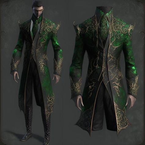 Black Suit With Green Accents, Green Fantasy Outfit Male, Fantasy Suit, King Outfit, Scruffy Men, Royal Clothing, Men Stylish Dress, Steampunk Design, Fantasy Gowns