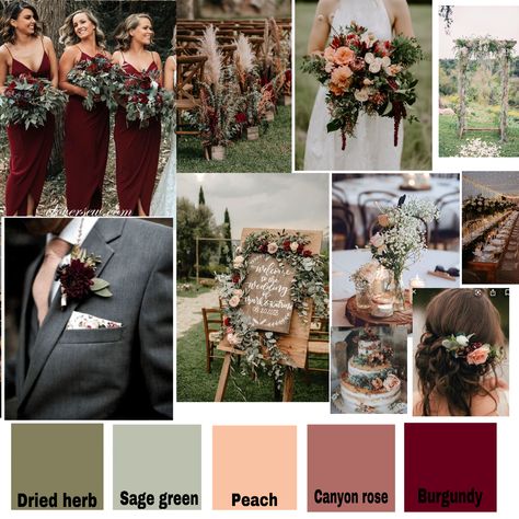 (burgundy, canyon rose, peach, sage green, dried herb) Sage Burgundy Gold Wedding, Sage And Crimson Wedding, November Wedding Burgundy, Red Peach And Green Wedding, Rustic Chic Wedding Colors, Safe And Burgundy Wedding, Burgundy Sage Black Wedding, Sage Maroon Wedding, Burgundy Wedding Spring