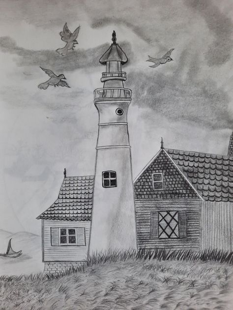 Light House Drawing Sketches, Sea Scapes, Drawing Scenery, Lighthouse Art, Art Drawings Sketches Pencil, Charcoal Art, Sea Painting, Art Pencil, House Drawing