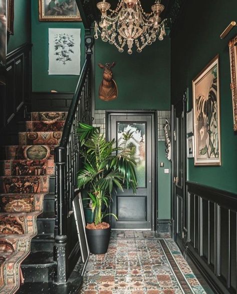 Green Entryway, Dark Green Rooms, Dark Green Living Room, Victorian Hallway, Black Stairs, Dark Green Walls, Hallway Designs, Inspired Interiors, Dark Home Decor