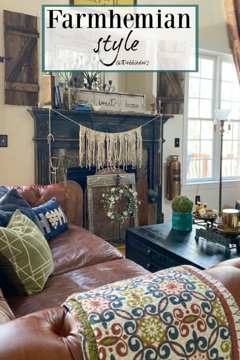 Farmhemian Decor, Eclectic Farmhouse Decor, Boho Farmhouse Living Room, Boho Farmhouse Decor, Eclectic Farmhouse, Farmhouse Living Room, Fireplace Surround, Boho Farmhouse, Vintage Living Room