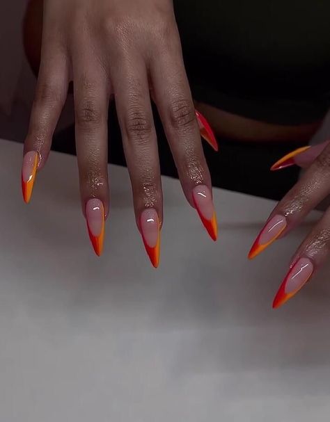 Gel Ex Nail Designs, Carnival Inspired Nails, Almond Nails Designs Edgy, Long Almond Nails Designs Fall, Long Almond Acrylic Nails Art Designs, Fall Stilleto Nails, Orange Stiletto Nails, Nail Stilleto Ideas, Fall Stiletto Nails