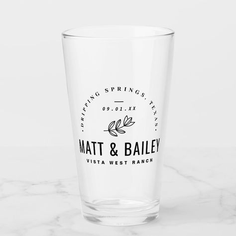 Wedding Pint Glasses, Custom Drinking Glasses, Glass Typography, Bloom Wedding, Rustic Logo, Wedding Cocktail Napkins, Rustic Modern Wedding, Glasses Wedding, Bridal Party Favors