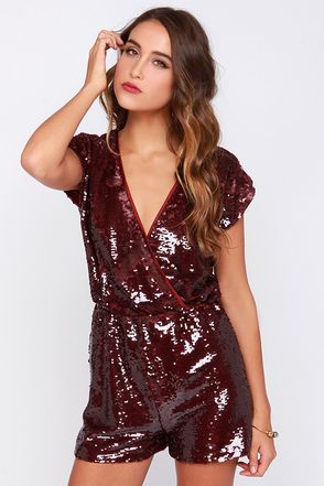 Chic Burgundy Romper - Burgundy Playsuit - Sequin Romper - $73.00 Sequin Playsuit, Burgundy Jumpsuit, Merlot Color, Nye Fashion, Sequin Rompers, Honey Punch, Favorite Song, Cute Rompers, Celebrity Dresses