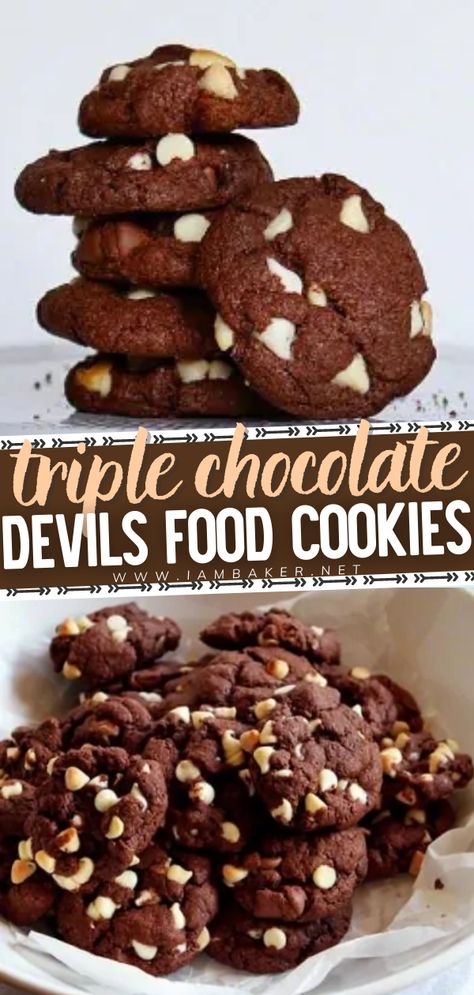 Devils Food Cookies, Chocolate Chocolate Chip Cookies, Triple Chocolate Chip Cookies, Cake Box Cookies, Triple Chocolate Cookies, Diy Dessert, Cake Mix Desserts, Chewy Chocolate Cookies, Devils Food Cake Mix Recipe