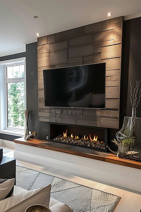 Are you planning to upgrade your living area with a stylish focal point? Check out these modern media wall ideas that will transform your space! From sleek built-ins to minimalist designs, these media walls combine functionality with aesthetic appeal. Modern Media Wall, Media Wall Ideas, Fireplace Walls, Media Walls, Basement Decoration, Feature Wall Living Room, Dark Grey Walls, Fireplace Tv Wall, Entertainment Wall