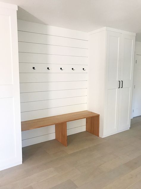 How to create a mudroom using Ikea cabinets! Shiplap Bench, Entryway Armoire, Federation Renovation, Ikea Laundry, Ikea Laundry Room, Casual Family Rooms, Mudroom Cabinets, Green Notebook, Ikea Pax Wardrobe