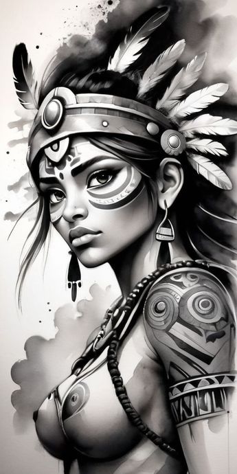 INCA WOMAN WARRIOR TATTOO DESIGN Woman Warrior Tattoo Design, Warrior Girl Drawing, Indian Warrior Art, Woman Warrior Tattoo, Aztec Art Tattoo, Harley Quinn Tattoo Ideas, Warrior Tattoo Design, Indian Women Tattoo, African Warrior Tattoos