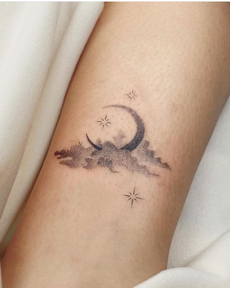 Delicate Moon And Stars Tattoo, Moon Landscape Tattoo, Moon And Galaxy Tattoo, Moon Sky Tattoo, Starry Sky Tattoo, Starry Tattoo, Moon And Clouds Tattoo, Moon Tattoo Sleeve, Milky Way Tattoo