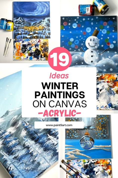 Winter-themed acrylic paintings on canvas, featuring snowy landscapes and festive scenes perfect for the season. Acrylic Painting Snow Scene, Easy Acrylic Winter Painting Ideas, Paint Night Winter Scenes, Winter Painting Inspiration, Winter Pictures To Paint, January Painting Ideas Canvases, Snowy Paintings Acrylic, Winter Scenes Paintings, How To Paint A Winter Scene