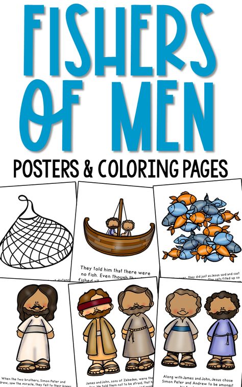 Fishers of Men Bible Story for Kids. This set of coloring pages and posters have been created for easy preparation for your bible lesson. You'll receive instructions on how to turn these pages into a little theater and mini book, too! Fishers Of Men Craft Preschool, Jesus Helps Disciples Catch Fish Craft, I Will Make You Fishers Of Men Craft, Fishers Of Men Printable, Fisher Of Men Craft For Kids, Fishers Of Men Coloring Page, Fisher Of Men Lesson For Kids, Fishing Bible Lesson, Bible Story Coloring Pages