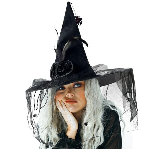 PRICES MAY VARY. WHAT YOU GET: 1 Piece of Black Witch Hat, 2 Pieces of Black Pins, 1 Piece of Detachable Spider. SIZE: The Halloween Hat's Height is Approx. 17.7 Inch(45cm),Outer Diameter is 17 Inch(43cm), Internal Diameter is 7.5 Inch(19cm), Black Veil Diameter is 9.5 Inch(24cm), Fit for Most and Lightweight. SPECIAL DESIGN: The Classic Black Witch Hat With Black Flower, Black Feather and Black Tulle Make Your Hat More Psychedelic, Mysterious and Dramatic, Catching the Eyes of Others and Enhanc Decorated Witches Hats, Womens Witch Costume, Witch Costume Aesthetic, Coven Party, Spider Witch Costume, Witch Costumes For Women, Witch Costume Ideas, White Witch Hat, Spider Halloween Costume