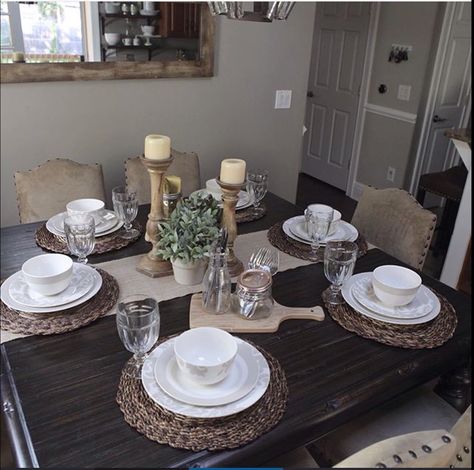 Square Dining Room Table Decor, Decorate Square Dining Table, Brown Table Decor Dining Rooms, Square Dinner Table Decor, Brown Dining Room Table Decor, Dark Wood Table Setting, Dark Brown Dinner Table Decor, Square Dining Table Decor Ideas, Small Square Dining Table Decor