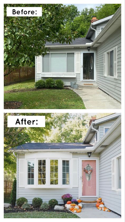 #ad Check out our home before and after our new bow window was installed by Universal Windows Direct! It has added so much curb appeal to the outside of our home! Bay Window Before And After, Bow Window Ideas Exterior, Window Update Exterior, Adding Windows To House Before And After, Before And After Window Replacement, Exterior Picture Window, Replacement Windows Before And After, New Windows Exterior Before And After, Adding Windows To House