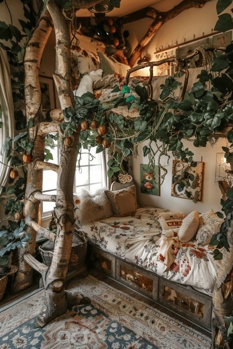 29 Boho Bedroom Ideas for Kids: Create a Magical Space with Style Forest Room Aesthetic, Bedroom Moroccan Style, Woodsy Bedroom, Treehouse Bedroom, Forest Themed Bedroom, Tree House Bed, Bedroom Ideas For Kids, Boho Loft, Fairycore Room