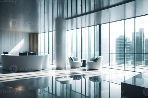 luxury white reception in a business office in a skyscraper with glass big window that shows other building, chairs and table interior design, furniture decoration, Table Interior Design, Corporate Background, White Reception, Blue Office, Office Reception, Big Windows, Cityscape Photos, Reception Table, Design Furniture