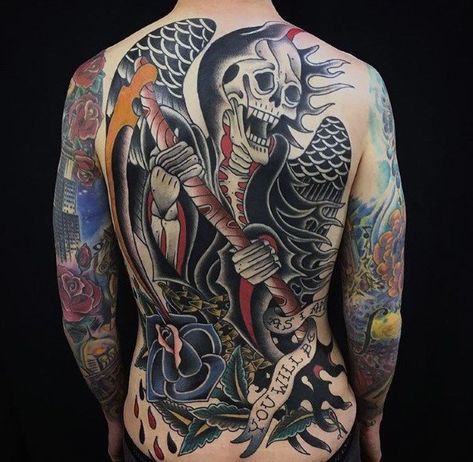 #Tattoos,Grim Reaper Back Tattoo Traditional Tattoo Back Piece, Traditional Back Tattoo, Bodybuilding Tattoo, Back Tattoo Designs, Traditional Tattoo Man, Small Wave Tattoo, Cool Back Tattoos, Grim Reaper Tattoo, Girl Back Tattoos