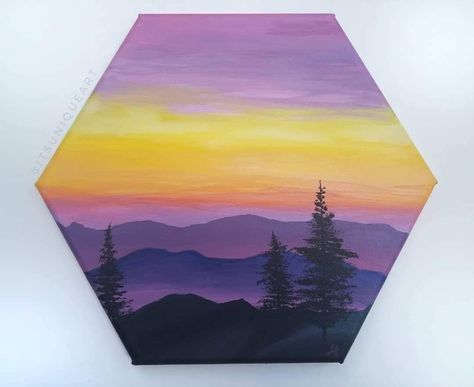 Hexagon Canvas Painting Ideas Easy, Hexagon Painting Canvas, Hexagon Canvas Painting Ideas, Sunset Mountain Painting, Hexagon Painting, Hexagon Ideas, Hexagon Canvas, Bird Painting Acrylic, Easy Landscape