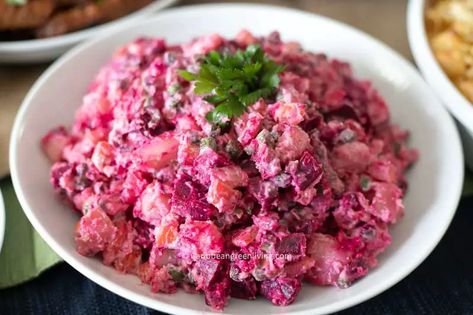 Dive into the Colorful Delight of Haitian Salad Russe | Caribbean Green Living Salad Russe, Fresh Beets, Beetroot Salad, Ukrainian Recipes, Vegan Mayonnaise, Plantains Fried, Spicy Sauce, Roasted Red Peppers, Vegan Options