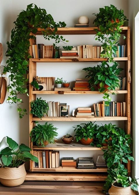 Reclaimed Wood Shelves: 50+ Stunning Ideas for Eco-Friendly Home Decor - Upcycled Around Town Bookshelf Stacking Ideas, Long Low Bookshelf, Simple Book Shelf Diy, Bookshelf Wall Diy, Wooden Bookshelf Aesthetic, Tall Bookshelf Decor, Wall Shelves For Books, Minimalist Book Shelf, Plants Bookshelf