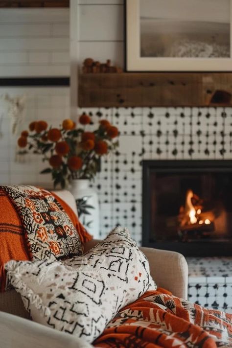 Cozy Farmhouse Fireplace Tile Ideas for Your Home Flower Tile Fireplace, Fireplace Boho Decor, Spanish Tile Fireplace Ideas, Boho Tile Fireplace, Hearth Tile Ideas Fire Places, Boho Farmhouse Fireplace, Boho Fireplace Makeover, Tile Around Fireplace Ideas, Farmhouse Fireplace Tile