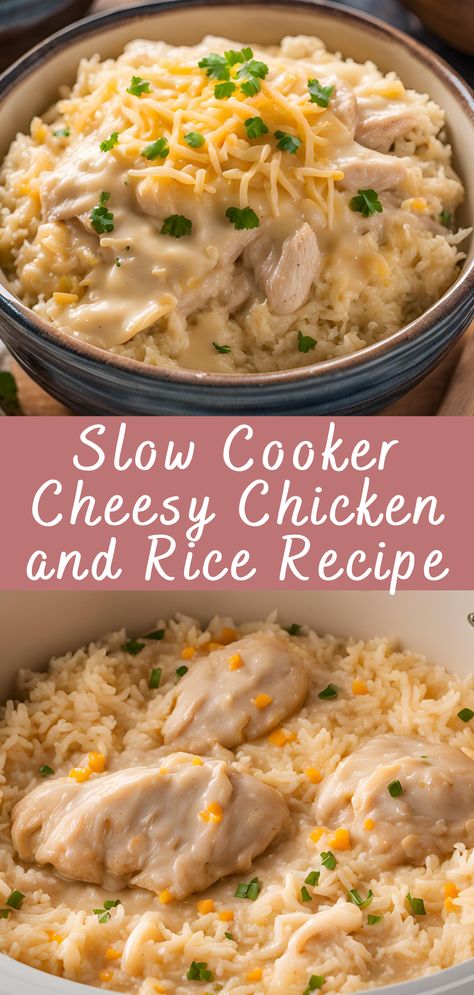 Slow Cooker Cheesy Chicken and Rice Recipe | Cheff Recipes Easy Crock Pot Chicken And Rice, Crock Chicken And Rice, Comfort Meals Crock Pot, Crock Pot Creamy Chicken And Rice Soup, Simple Crockpot Recipes Healthy, Cheesy Chicken And Rice Crockpot Recipes, Creamy Chicken And Rice Crockpot Recipes, Slow Cooker Cheesy Chicken And Rice, Cheesy Chicken Crock Pot