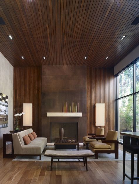 18+ Wood Panel Ceiling Designs, Ideas | Design Trends - Premium PSD, Vector Downloads Midcentury Wood Panel Wall, Oak Ceiling Living Room, Herringbone Wood Ceiling, Wood Panel Ceiling Living Room, Wood Paneled Fireplace, Panel Ceiling Ideas, Wood Paneling Ceiling, Wood Walls And Ceiling, Wood Ceiling Living Room