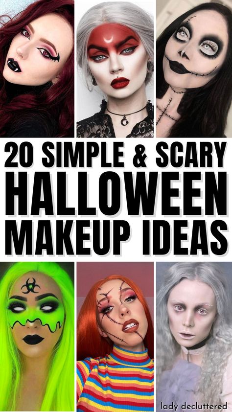 20 Simple & Scary Halloween Makeup Ideas Makeup Only Costumes, Easy Womens Halloween Makeup, Scary Face Makeup Halloween Ideas, Easy Scary Makeup Looks, Easy Spooky Costumes, East Halloween Makeup Ideas, Spooky Halloween Makeup Scary, Halloween Scary Costumes Women, Scary Last Minute Halloween Costumes