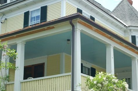 But when you come a-calling here in Kentucky, you might notice something a bit unique about our front porches... particularly, their ceilings. Ceilings Painted, Haint Blue Porch Ceiling, Traditional Southern Home, Blue Porch Ceiling, Blue Porch, Front Porch Deck, Palladian Blue, Porch Paint, Haint Blue