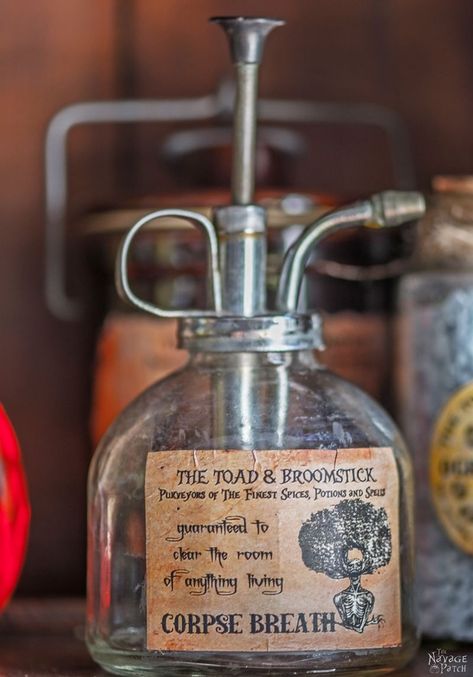 Apothecary Jars and Free Printable Labels | DIY potion bottle and spell books Halloween decor | Harry Potter theme Halloween decor ideas | Free printable labels for apothecary jars | DIY apothecary jars with Dollar store supplies | Spooky and fun witches kitchen ideas | #TheNavagePatch #Halloween #diy #easydiy #potionbottle #potion #halloweedecor # halloweenparty #dollarstore #dollartree #upcycle #repurposed #HarryPotter | TheNavagePatch.com Vintage Jar Labels, Diy Apothecary Jars, Diy Halloween Apothecary Jars, Halloween Apothecary Jars, Diy Apothecary, Apothecary Jars Decor, Halloween Bottle Labels, Witches Kitchen, Craft Therapy