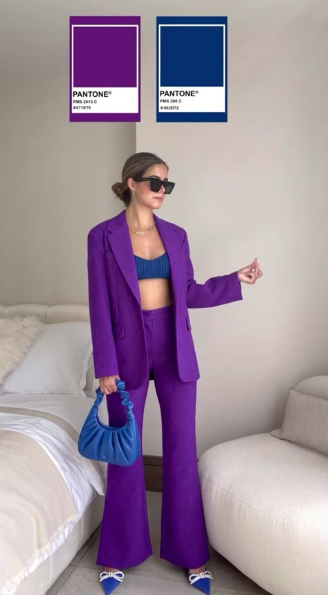 Colour Block Outfits Street Styles, Purple And Neon Green Outfit, Purple Color Matching Clothes, Purple Outfits Combination, Complementary Colors Fashion Outfits, Purple Combo Outfit, Violet Top Outfit, How To Style Purple Pants, Purple Combination Outfits