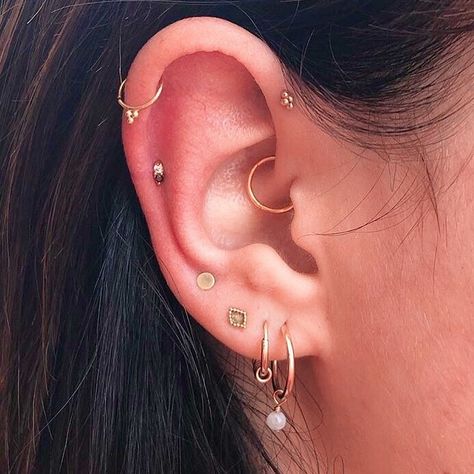 EAR CURATION on Instagram: “Forward helix, upper helix, mid-helix, daith and four lobe piercings ✨ Pierced by @kanpatha // image via @kanpatha 💛” Piercing Stack, Double Forward Helix Piercing, Forward Helix Earrings, Forward Helix Piercing, Pretty Ear Piercings, Forward Helix, Cartilage Earrings Hoop, Lobe Piercing, Daith Piercing