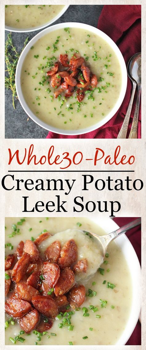 Dairy Free Chicken Crockpot Recipes, Crockpot Recipes Potato Soup, Whole 30 Soup, Creamy Potato Leek Soup, Soup Paleo, Recipes Potato, Paleo Soup, Potato Leek, Whole 30 Diet