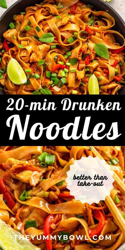 If you love Thai cuisine, you probably know about Drunken Noodles, otherwise known as Pad Kee Mao. They are simply delicious and making them homemade is so much healthier! Spicy Drunken Noodles, Drunken Noodles Recipe, Thai Recipes Noodles, Pad Kee Mao, Asian Noodle Dishes, Asian Noodle Recipes, Drunken Noodles, Noodle Recipes Easy, Chinese Cooking Recipes