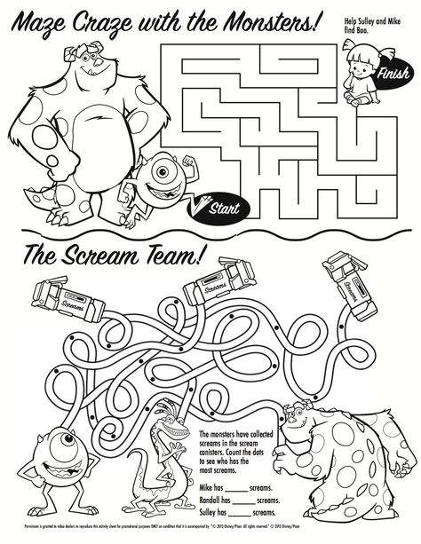 Join the scream team and scare your way through the Maze Craze! Monsters Inc Crafts, Disney Activities, Mike And Sulley, Disney Movie Night, Disney Printables, Mazes For Kids, Activity Sheets For Kids, Disney Monsters, Maze Game