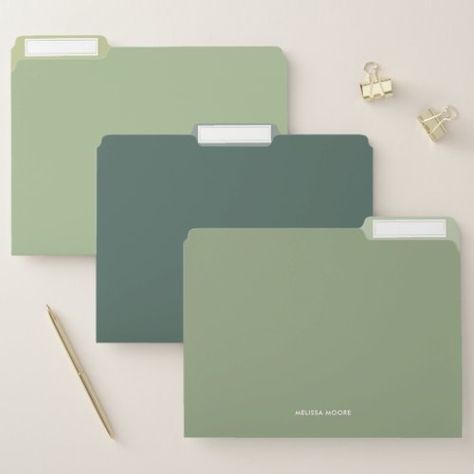 $16.10 | Modern Minimalist Sage Green Custom Text #modern, minimalist, office, sage, green, elegant, chic, file organization, decluttering, school Sage Green Stationary, Sage Green Cubicle Decor, Cute Green Stationary, Green School Supplies Aesthetic, Green School Supplies, Green Stationary, Cute Folders, Green Office Supplies, Studying Supplies