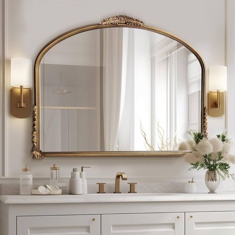 Amazon.com: OUSHUAI Gold Vintage Wall Mirror,Antique Wide Mirror Decor,Arched Big Mirror for Entryway/Bathroom/Fireplace 37"X29" : Home & Kitchen Vintage Italian Bathroom, Antique Bathroom Mirror, Antique Mirror Bathroom, French Bathroom Decor Vintage, Grandma Bathroom, Bathroom Tub Decor, Gold Mirror Bathroom, French Inspired Bathroom, Rose Bathroom