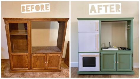 Diy Kids Kitchen, Old Entertainment Centers, Furniture Remodeling, Diy Kids Furniture, Kids Play Kitchen, Entertainment Center Kitchen, Diy Play Kitchen, Play Furniture, Entertaining Kitchen