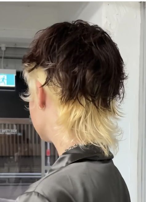 Mullet With Dyed Ends, Split Dye Mullet Men, Underdye Hair Men, Split Tone Hair, Two Tone Mullet, Partially Bleached Hair, Dyed Mullet Men, Split Dye Mullet, Skater Mullet