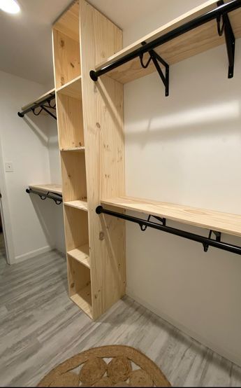 Diy Walk In Master Closet, Industrial Walk In Closet Ideas, Small Walk In Closet Redo Diy, Simple Closet Design Layout, Tiny Storage Room, Closet Into Shelves, Reach In Closet Remodel, Odd Shaped Closet Organization Ideas, Diy Corner Closet Ideas