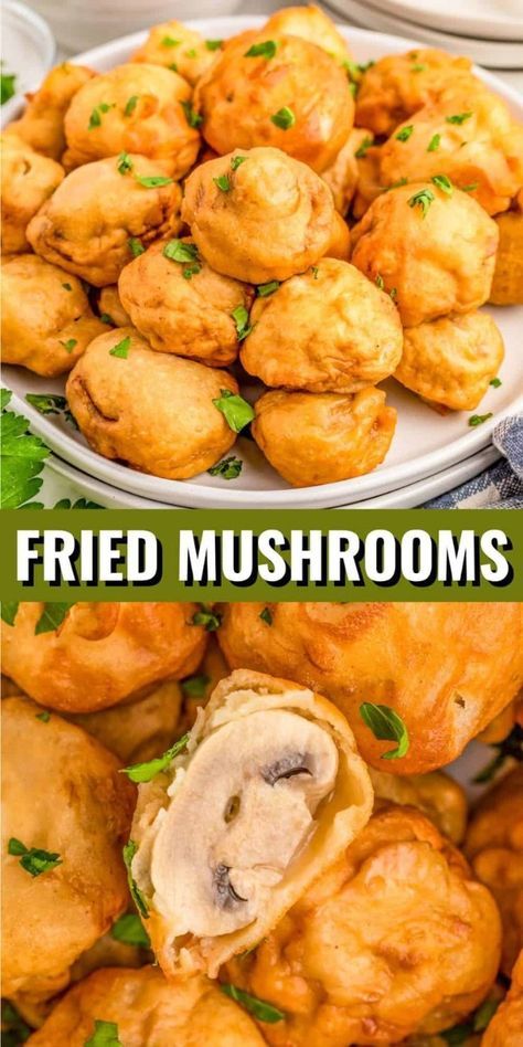 Crispy, juicy, and deep-fried to perfection – these Fried Mushrooms are a favorite appetizer that you cannot get enough of. With a coating that is crispy but soft at the same time makes these mushrooms a delight to eat. Serve them up with some of your other favorite appetizers or main dishes and you will have yourself a lineup you won’t be able to resist. Fried Mushrooms Batter, Battered Mushrooms, Deep Fried Mushrooms, Fried Mushroom Recipes, Deep Fryer Recipes, Easy Mushroom Recipes, Golden Mushroom, Breaded Mushrooms, Deep Fried Appetizers