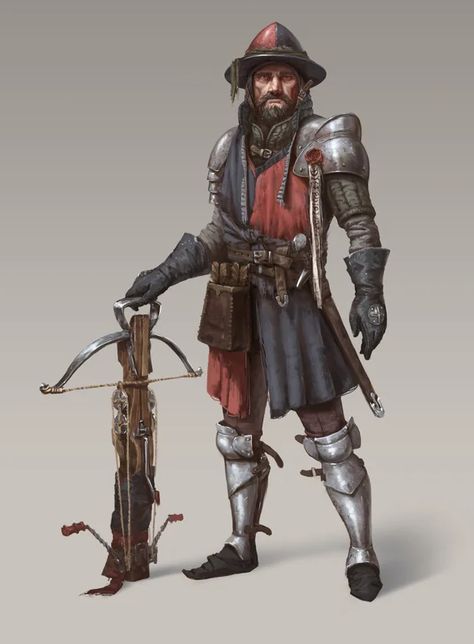 Crossbow Character, Town Guard, City Guard, Npc Dnd, Rpg Npc, Warhammer Fantasy Roleplay, Medieval Armor, Rpg Characters, Fantasy Armor