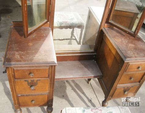 Trifold Vanity Transformation ~ A Makeover to See - Prodigal Pieces Antique Bedroom Set Makeover, Vanity Flip Ideas, Vanity Redo Ideas, Old Vanity Makeover, Vanity Diy Bedroom, Antique Vanity Makeover, Antique Vanity With Mirror, Painted Makeup Vanity, Repurposed Vanity