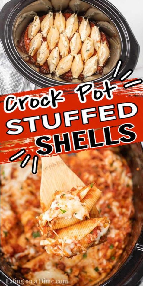 Stuffed Shells Crockpot, Stuff Shells Recipes, Crockpot Stuffed Shells, Slow Cooker Stuffed Shells, Jumbo Shells Stuffed, Jumbo Shell Recipes, Recipe With Ricotta, Stuffed Shells With Meat, Easy Stuffed Shells